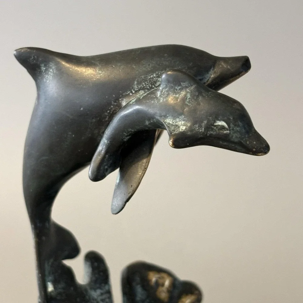 Vintage Verdigris Brass Dolphins Statue Verdigris Marble Base 6